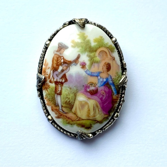 Limoges Jewelry - Antique Limoge Porcelain Brooch - Silver Setting